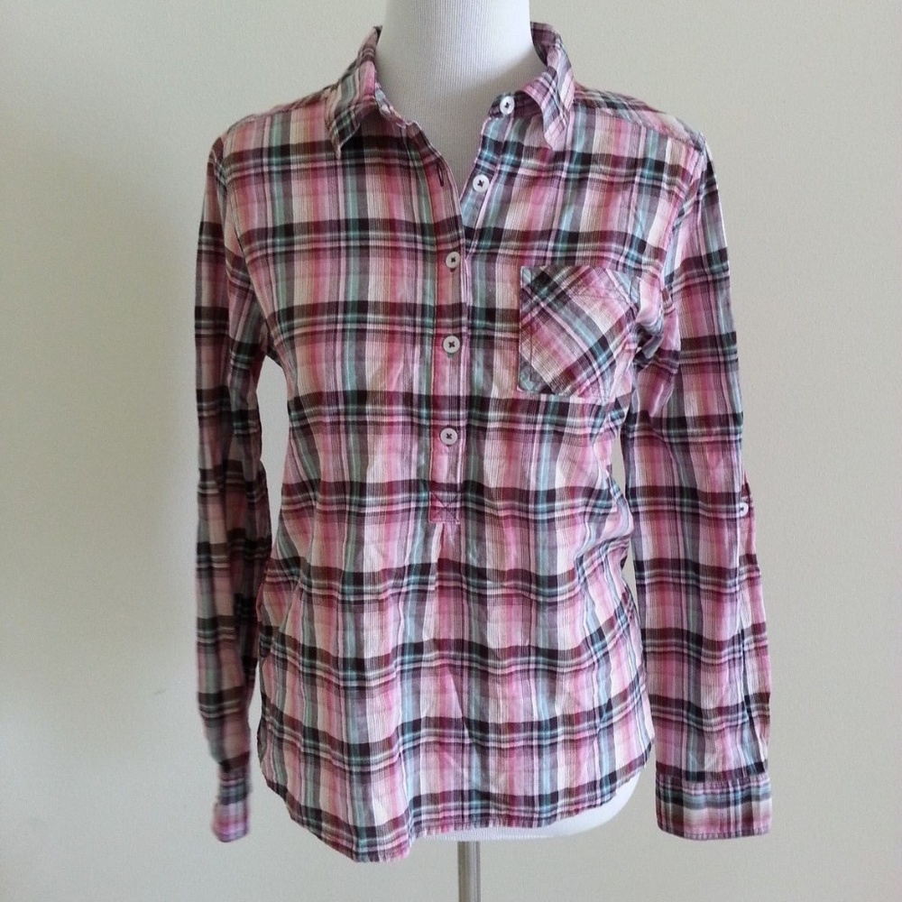 Prana pink, aqua, brown long sleeve 1/2 button dow